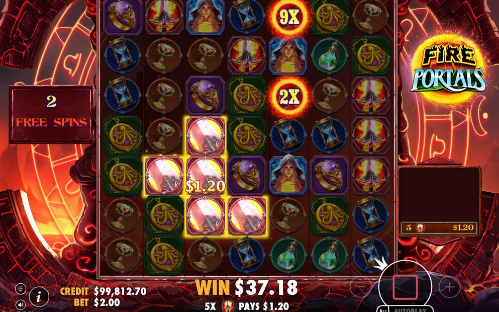 Free Spins med kvarvarande Fire Portal Wilds på skärmen